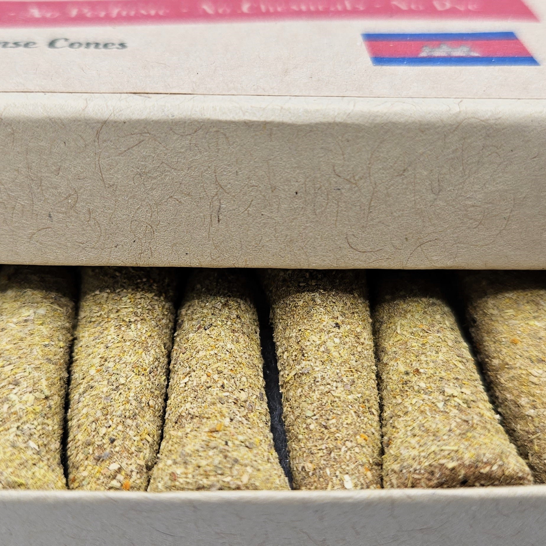 Close up detailed photo of Kheoun's Blend organic incense cones.