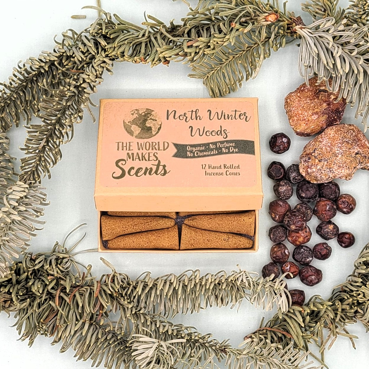 North Winter Woods organic handmade incense cones in a box.