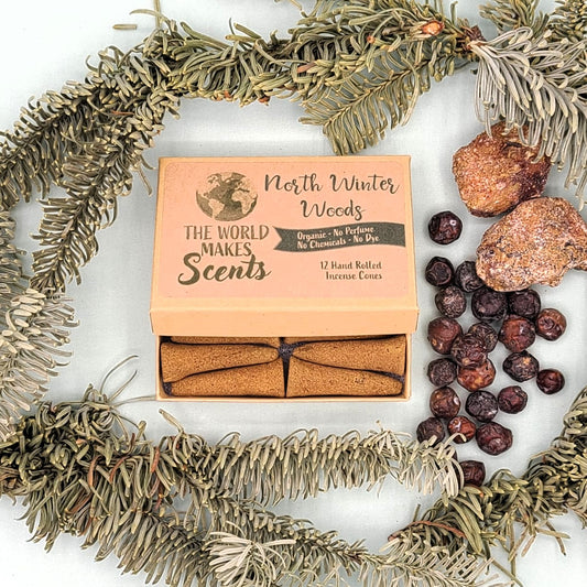 North Winter Woods organic handmade incense cones in a box.