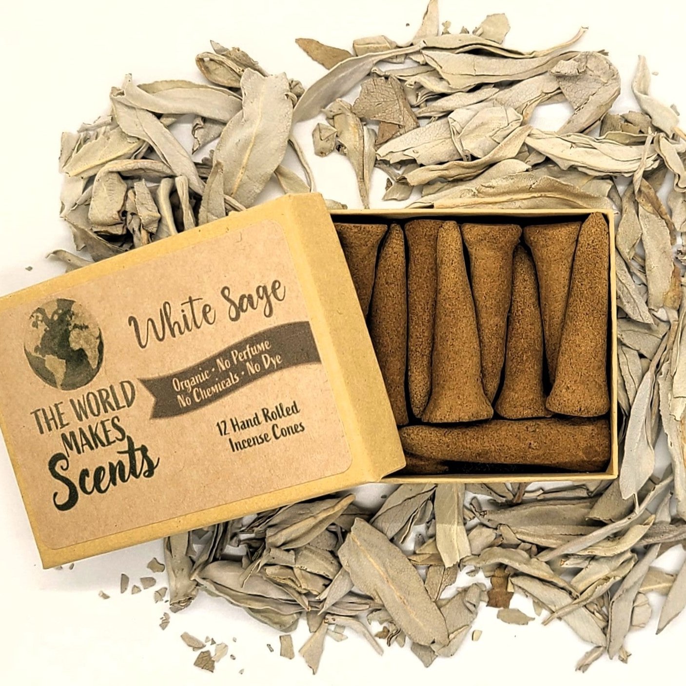 White Sage organic handmade incense cones in a box.