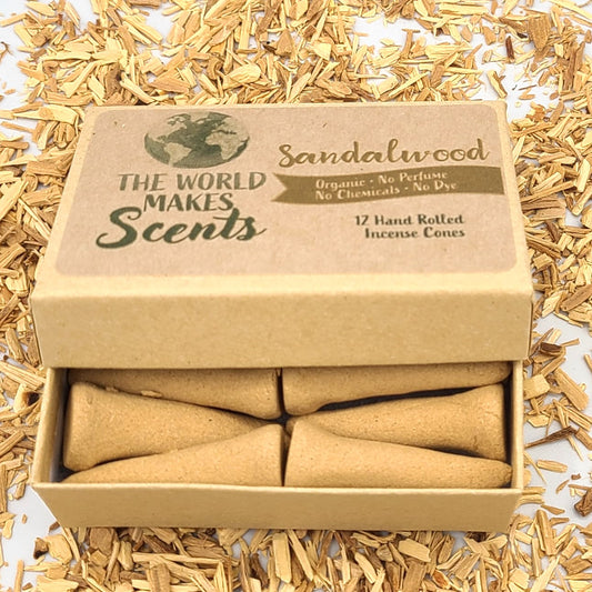 Australian Sandalwood organic handmade incense cones in a box.