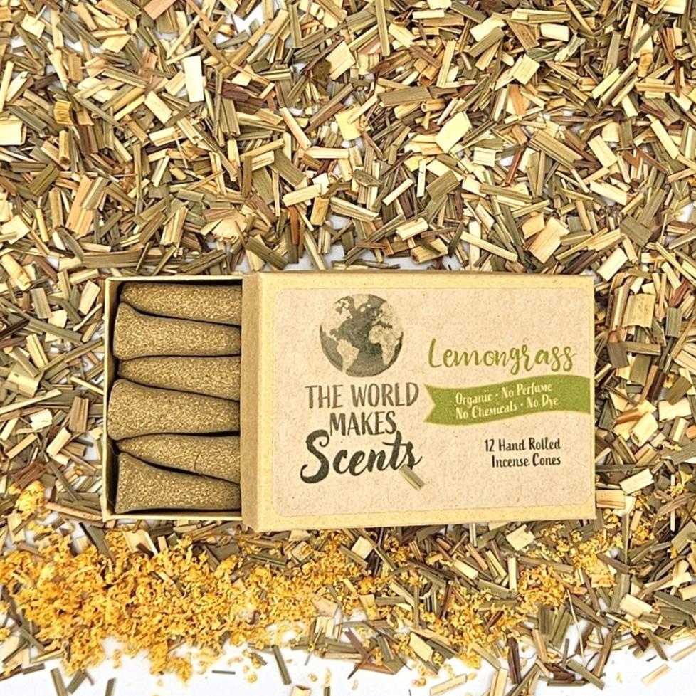 Cambodian Lemongrass organic handmade incense cones in a box.
