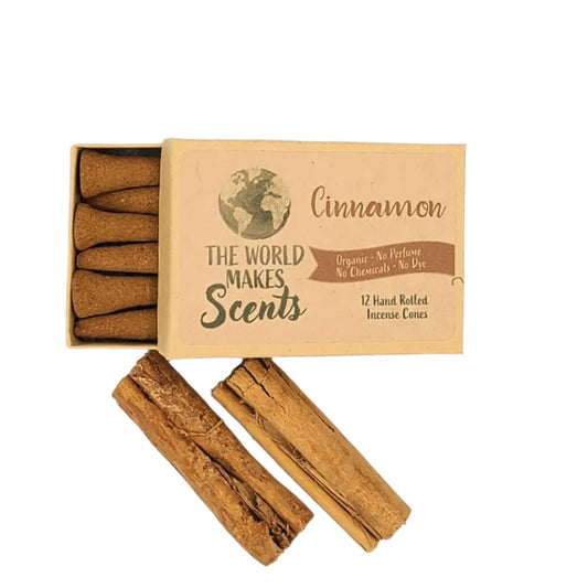 Cinnamon organic handmade incense cones in a box.