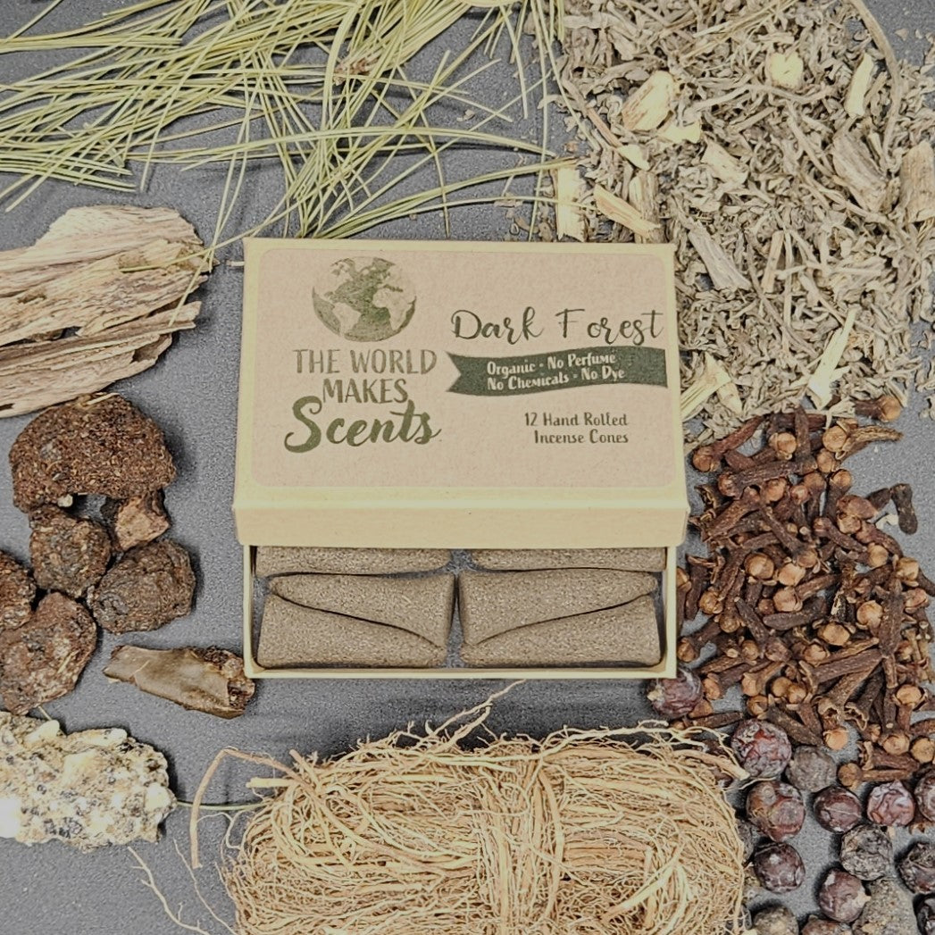 Dark Forest organic handmade incense cones in a box.