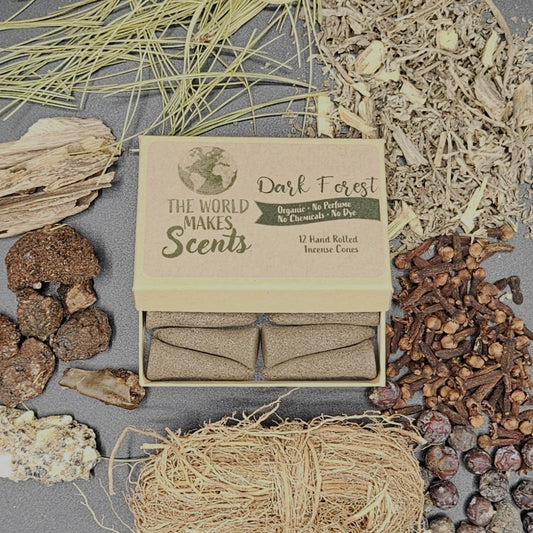 Dark Forest organic handmade incense cones in a box.