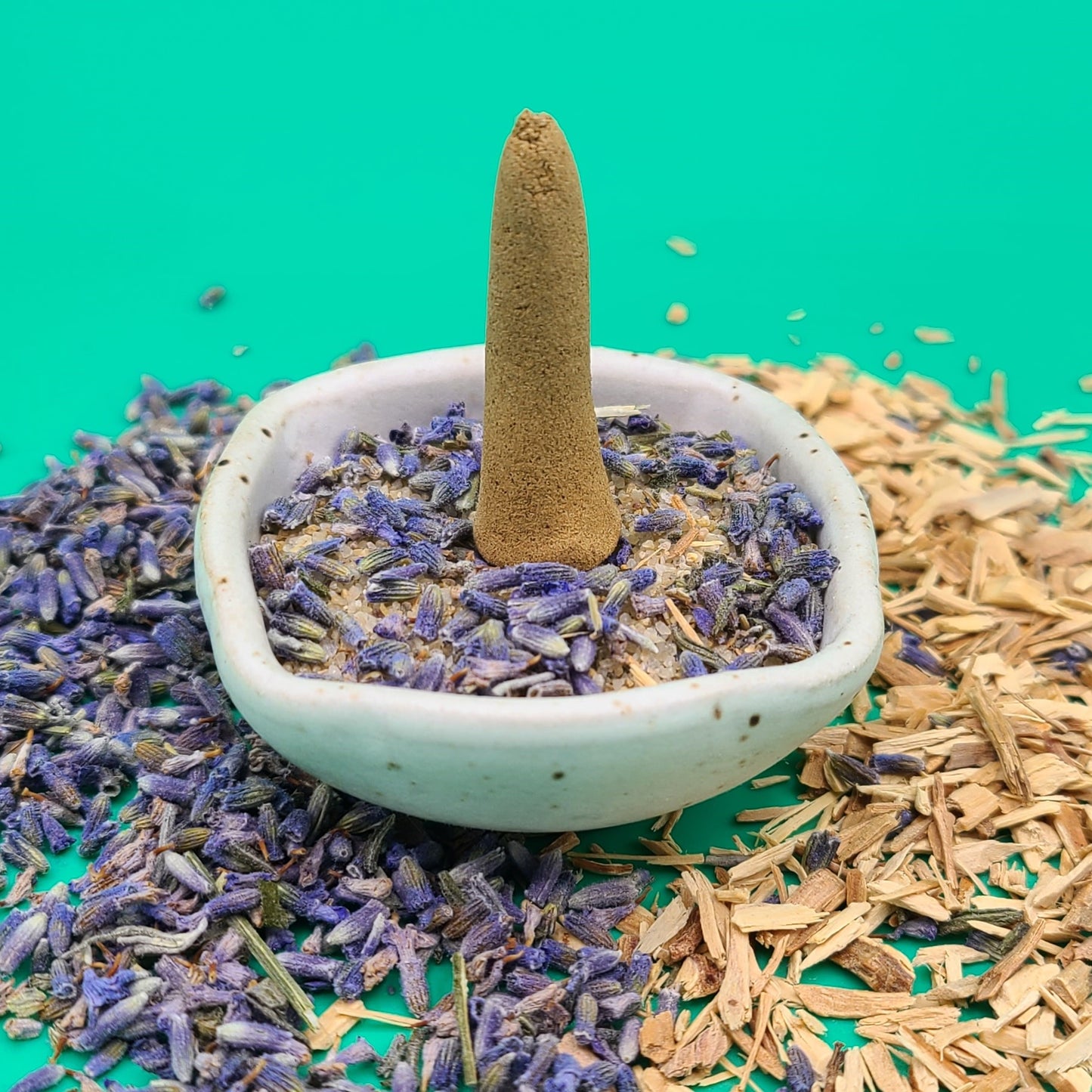 French Lavender organic incense cone in an incense holder.