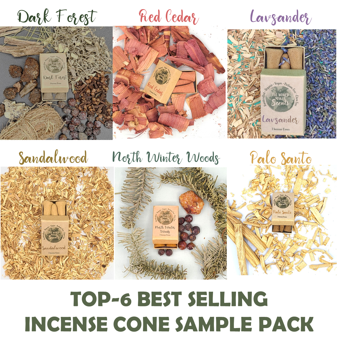 Six photos in a collage.  Each photo shows each type of cone with the ingredients.  Text reads TOP-6 BEST SELLING INCENSE CONE SAMPLE PACK.
