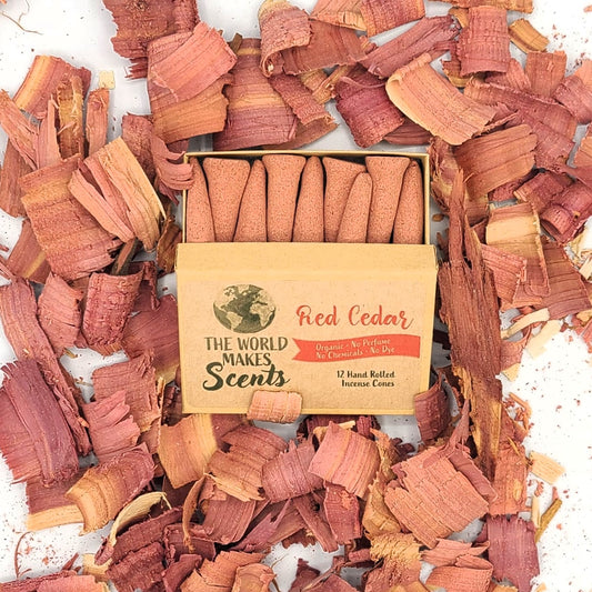 Red Cedar organic handmade incense cones in a box.