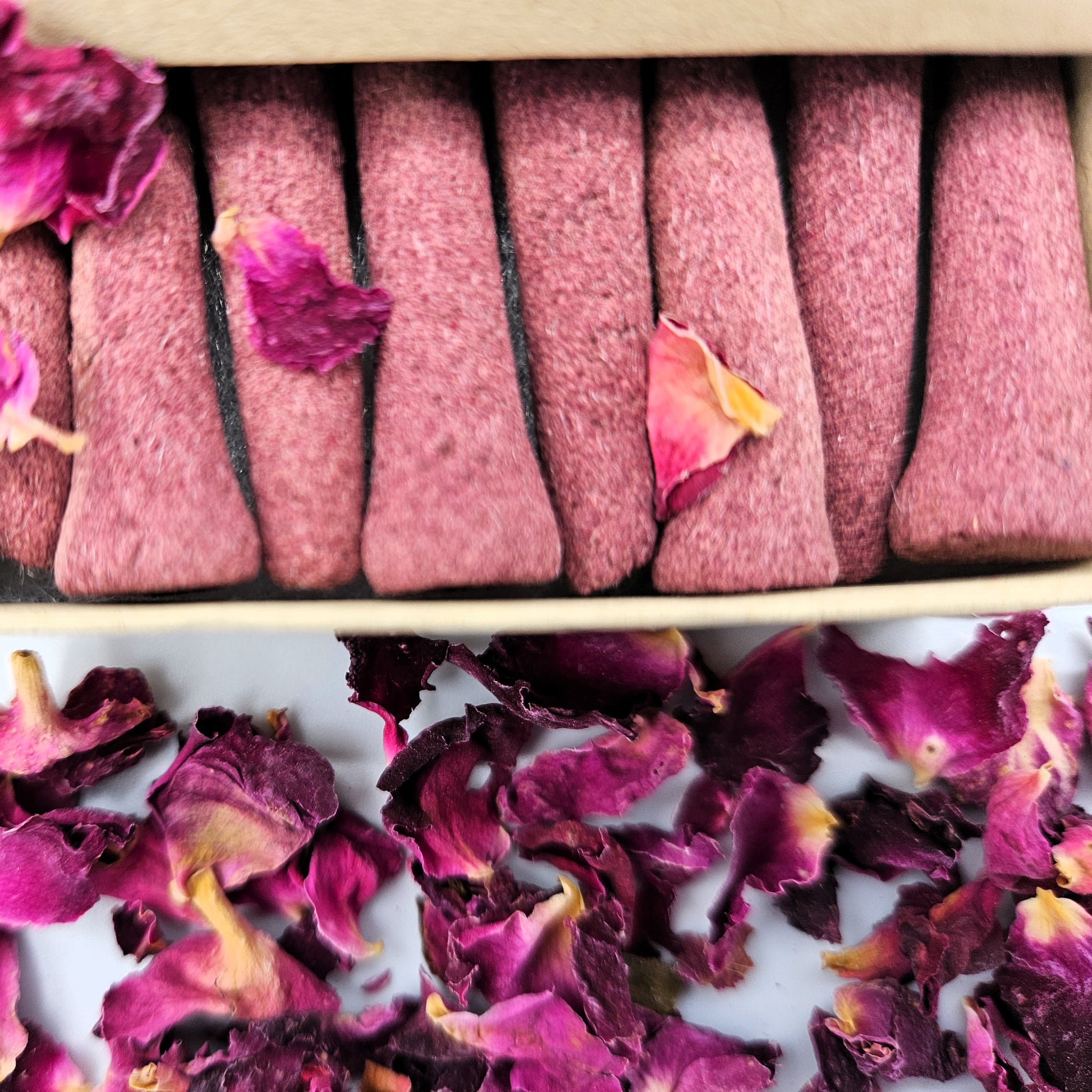 Close up detailed photo of RoseWood organic incense cones.