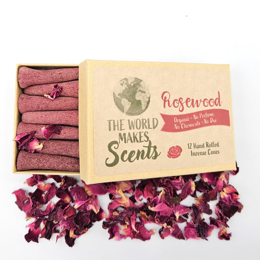 RoseWood organic handmade incense cones in a box.