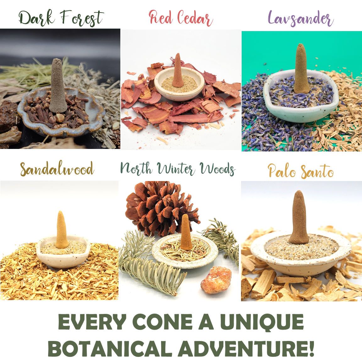 Each cone from the sample pack in a 6 photo collage showing each unique cone in a unique incense cone holder.