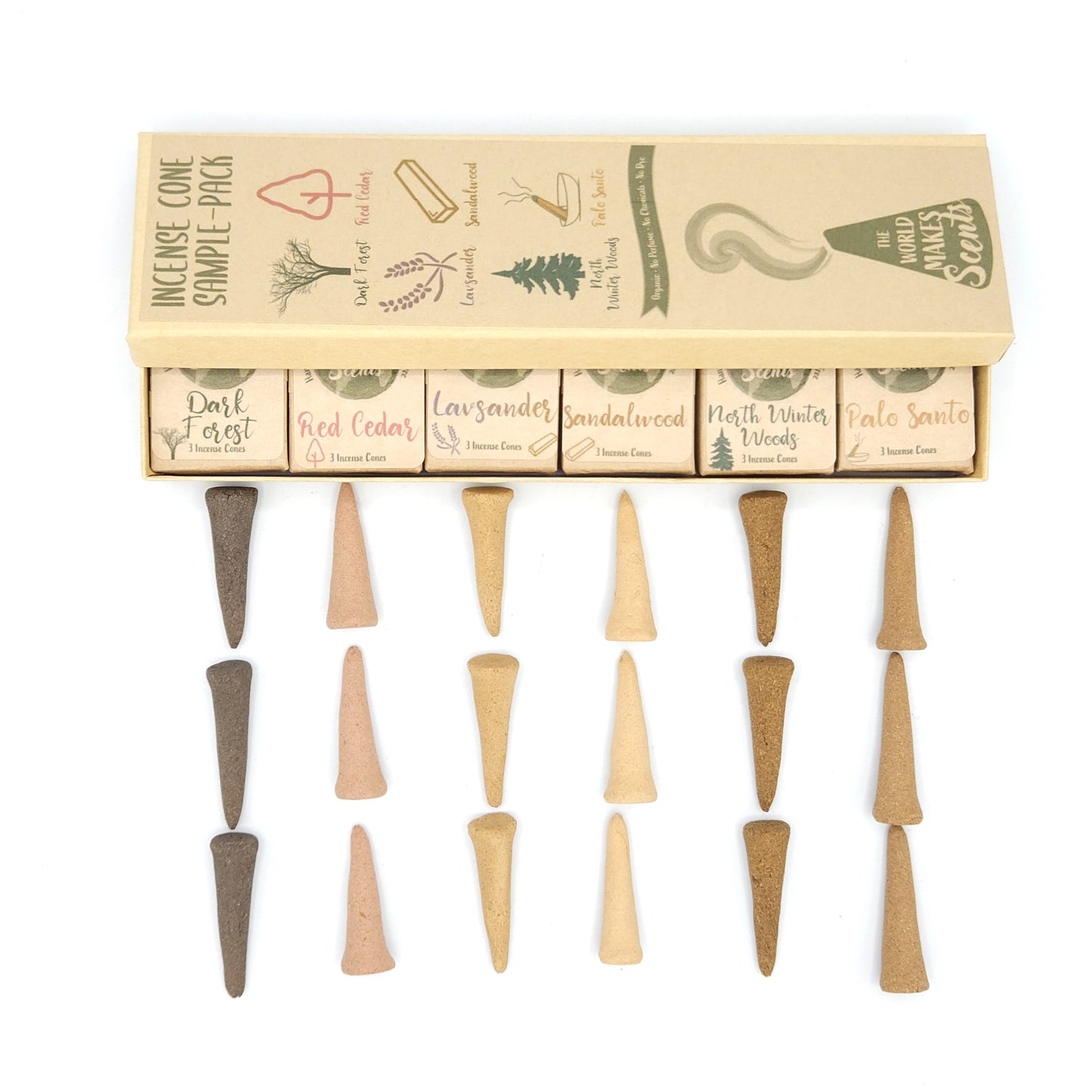 A variety pack of handmade organic incense cones opened halfway to showcase each box of incense inside the variety box.  Each blend is on display beneath the variety box.