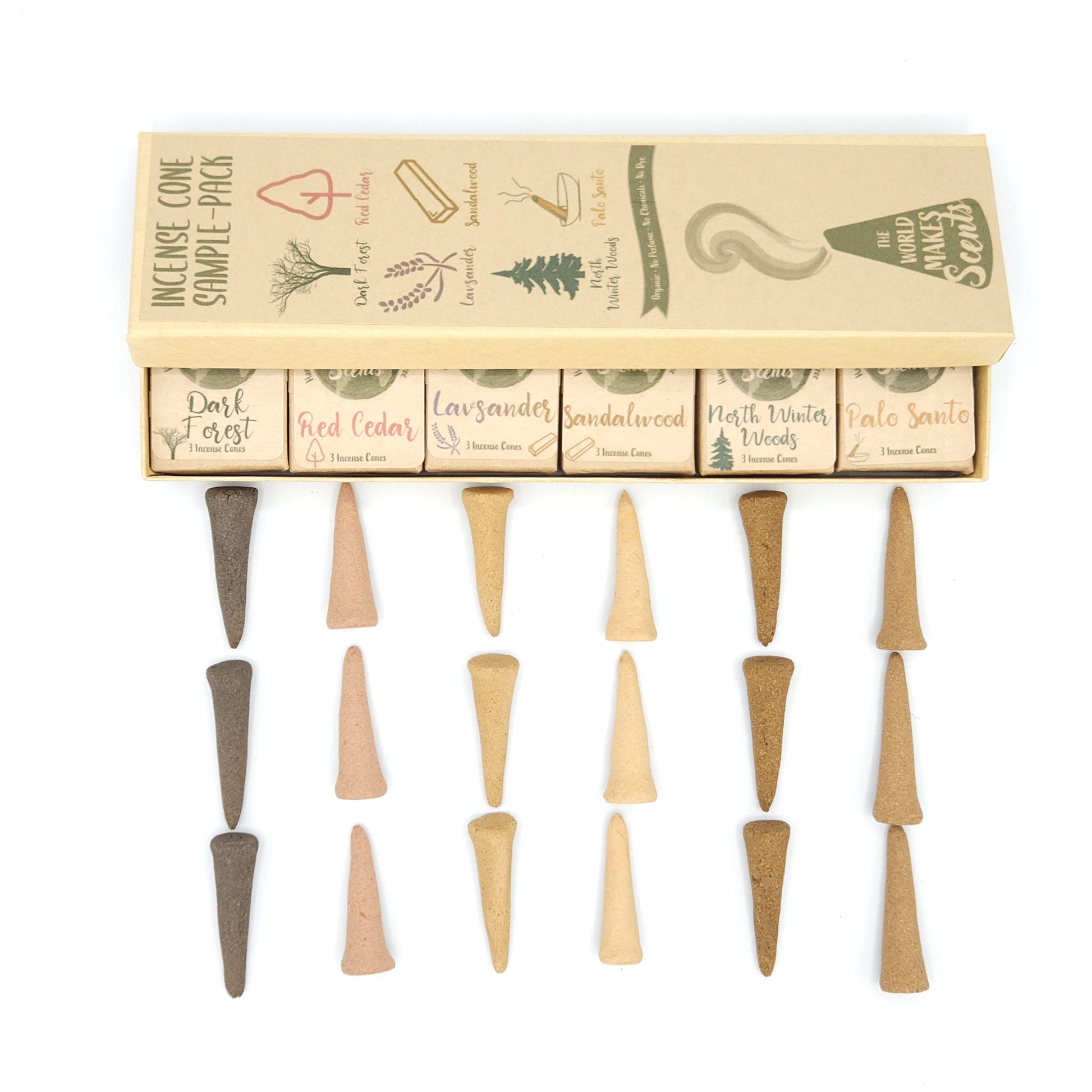 A variety pack of handmade organic incense cones opened halfway to showcase each box of incense inside the variety box.  Each blend is on display beneath the variety box.