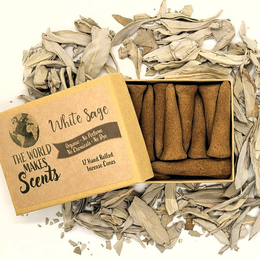 White Sage organic handmade incense cones in a box.